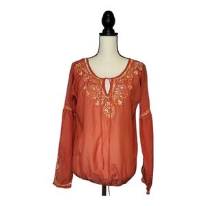Lucky Brand Top Orange Cream Embroidered Split V Neck Ties Long Sleeve Size S